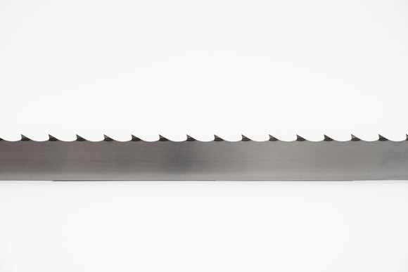 Multiple band saw blades displayed in a grouping, on a white backdrop with a dark background. 1.5" wide, 1" tooth spacing, with a 7 degree hook angle. Big Mouth Blades is the supplier for these portable sawmill blades.