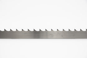 Single sample of 1.5" wide sawmill blade, with a 7 degree hook angle, on a white background.