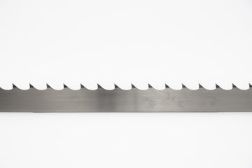Single sample of 1.5" wide sawmill blade, with a 7 degree hook angle, on a white background.